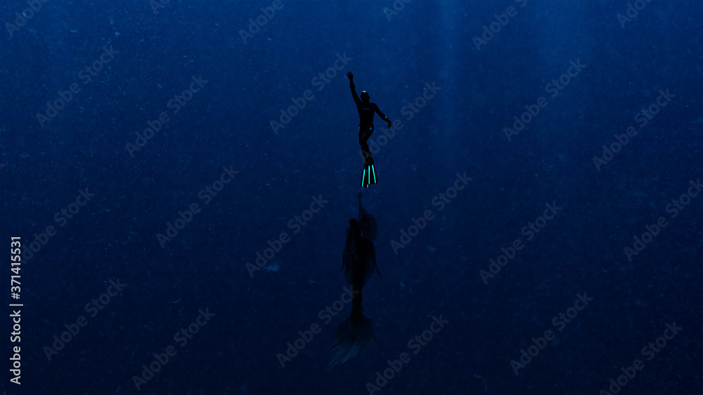 3d render of a Deep Sea Diver swimming to surface being pursued by Monster/mermaid