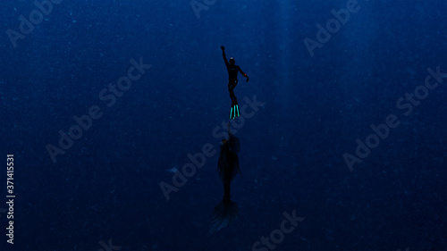 3d render of a Deep Sea Diver swimming to surface being pursued by Monster/mermaid