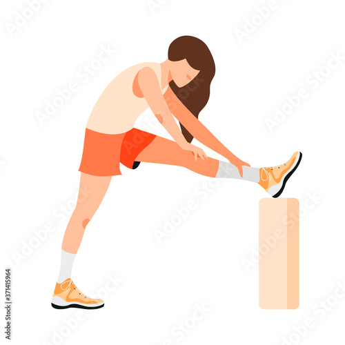 Isolated on white Woman doing exercise vector illustration. Warm up before training and running design element. Muscle stretching  in flat cartoon style.
