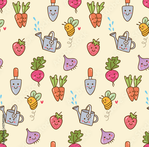 Kawaii gardening with fruit and vegetables seamless background