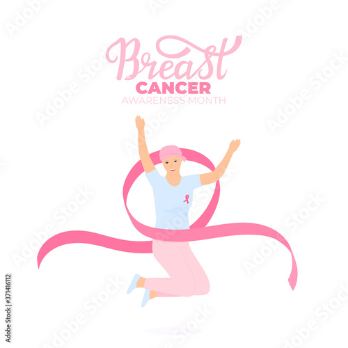 Women cancer patient wearing headscarf after chemotherapy with pink ribbons jump and have fun. National Breast Cancer Awareness Month.
