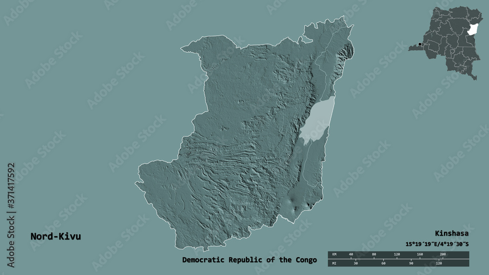 Nord-Kivu, province of Democratic Republic of the Congo, zoomed. Administrative