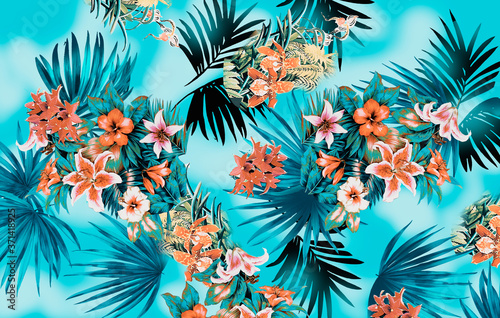 Floral seamless pattern tropical palm pattern hand drawn with exotic palm leaves