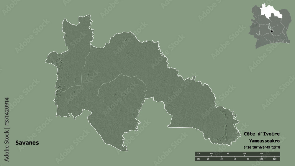 Savanes, district of Côte d'Ivoire, zoomed. Administrative Savanes, district of Côte d'Ivoire, zoomed. Administrative