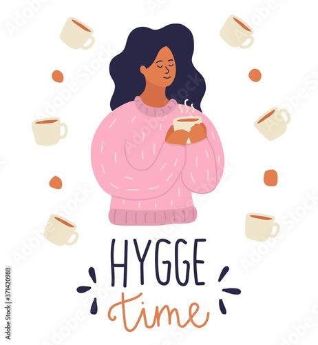 Cute cartoon woman with hot drink in her arms. Concept of hygge style. Purple sweater, beige cup, brown coffee. Hand drawn vector illustration