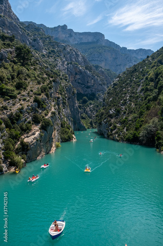 view to the cliffy rocks of Verdon Gorge at lake of Sainte Croix, Provence, France, near Moustiers SainteMarie, department Alpes de Haute Provence, region Provence Alpes Cote Azur. France photo