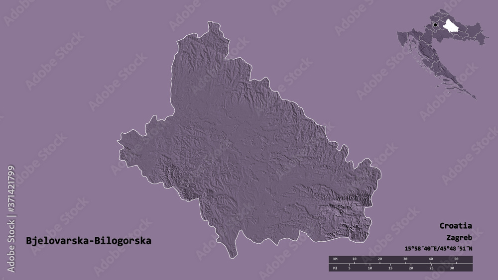 Bjelovarska-Bilogorska, county of Croatia, zoomed. Administrative