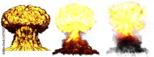 3D illustration of explosion - 3 large highly detailed different phases mushroom cloud explosion of hydrogen bomb with smoke and fire isolated on white