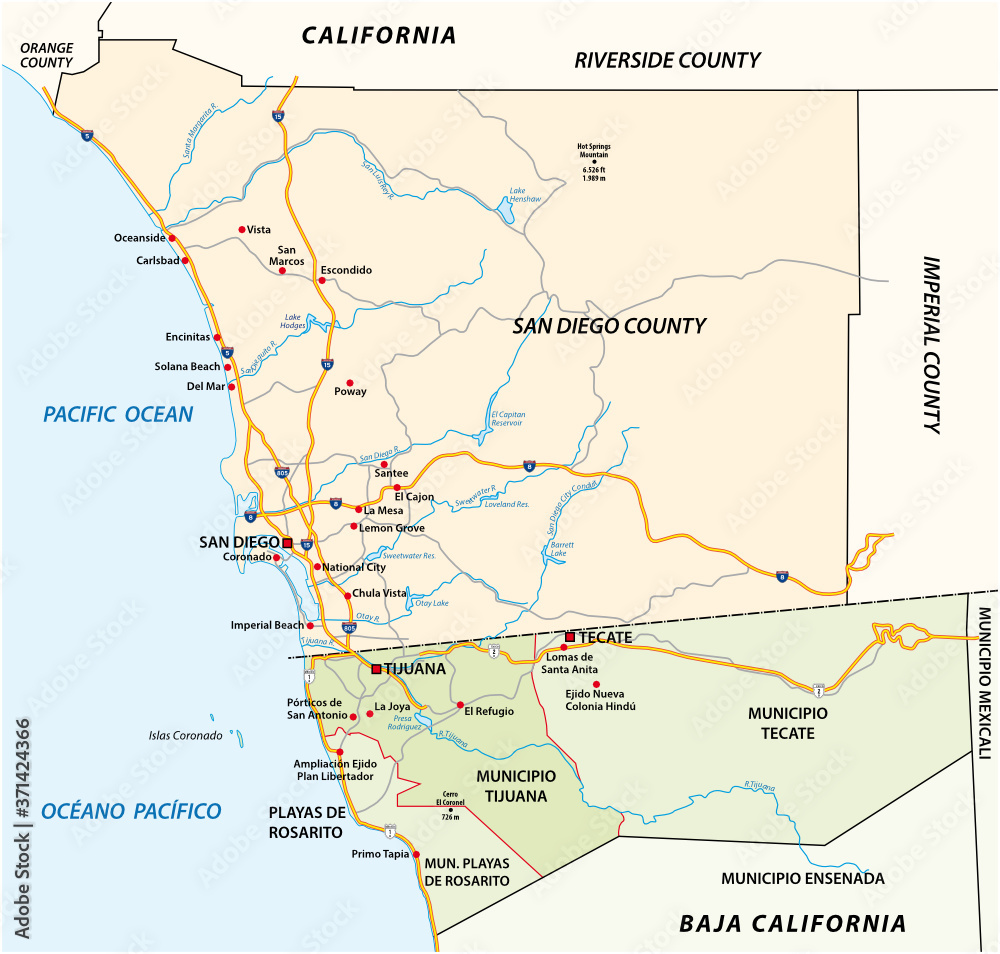Road vector map of the cross-border agglomeration San Diego-Tijuana, Mexico, United States