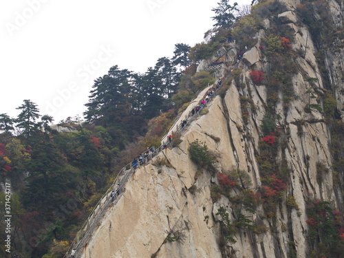Huashan Mountain near Xian City. The Most dangerous Trail and Crowned People in China. Mount Hua is one of the Five Great Mountains of China in Huayin City, Shaanxi Province, China, 18th October 2018