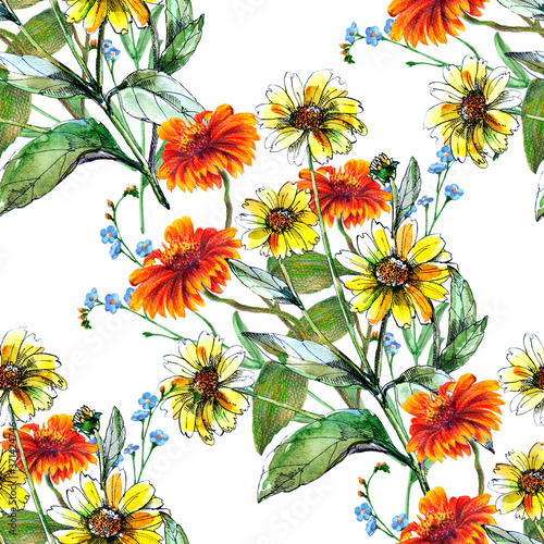  Flowers sun with a leaf on a white background.  Seamless pattern for fabric. 