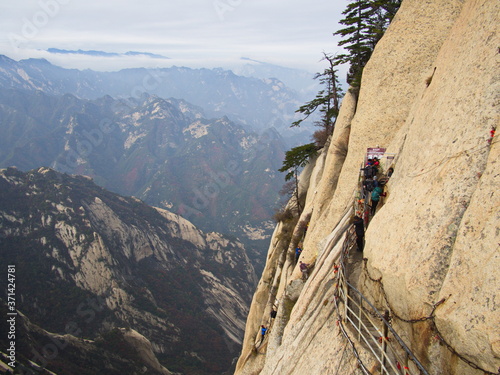 Huashan Mountain near Xian City. The Most dangerous Trail and Crowned People in China. Mount Hua is one of the Five Great Mountains of China in Huayin City, Shaanxi Province, China, 18th October 2018