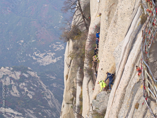 Huashan Mountain near Xian City. The Most dangerous Trail and Crowned People in China. Mount Hua is one of the Five Great Mountains of China in Huayin City, Shaanxi Province, China, 18th October 2018