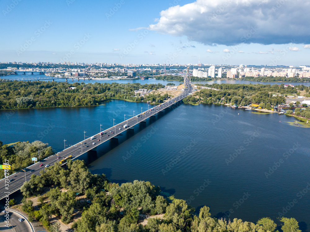 Aerial drone view. Bridge over the Dnieper river in Kiev.