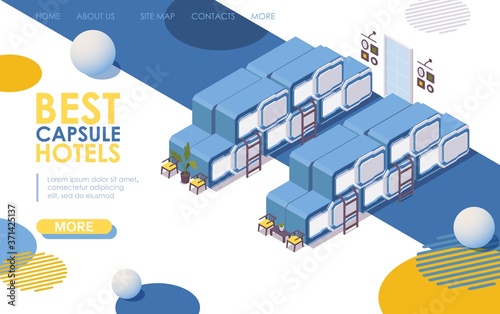 Landing page isometric set of interior capsule hotel with steps for second level, chairs and window. Concept illustration without people good for web site hostel header