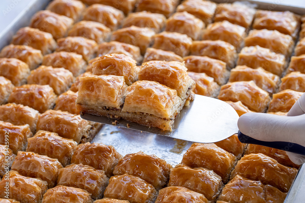 Baklava with walnut standing on the tray