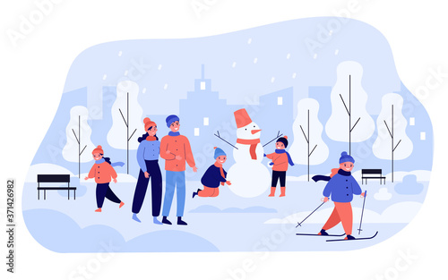 People spending leisure time in park, Family couple and kids enjoying outdoor winter activities, making snowman, skiing, walking. Vector illustration for city park, active lifestyle, vacation concept