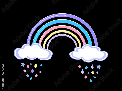 Vector illustration of cute rainbow with clouds and fairy rain isolated on the black background.