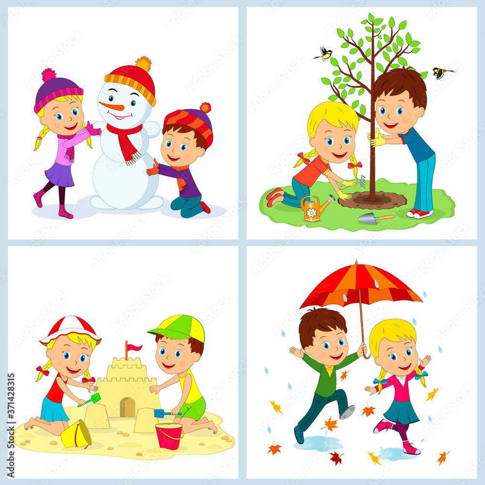 kids,boy and girl and four seasons, illustration,vector