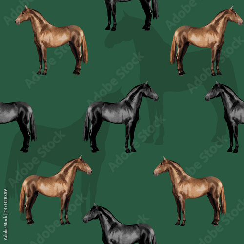 seamless background of realistic figures of horses  on a green background for packaging  postcards  notebooks  fabrics
