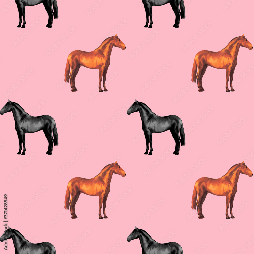 Obraz premium seamless background of realistic figures of horses, on a pink background for packaging, postcards, notebooks, fabrics