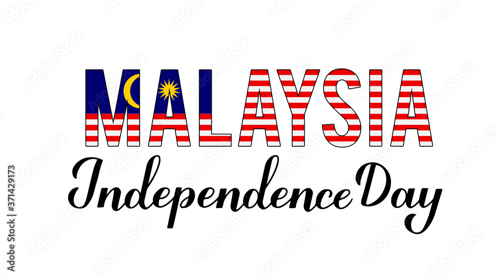 Malaysia Independence Day calligraphy hand lettering with flag isolated on white. National holiday celebrated on August 31. Vector template for typography poster, banner, greeting card, flyer, etc Malaysia Independence Day calligraphy hand lettering with flag isolated on white. National holiday celebrated on August 31. Vector template for typography poster, banner, greeting card, flyer, etc