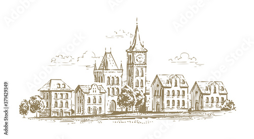 Urban landscape, cityscape sketch. Town vector illustration