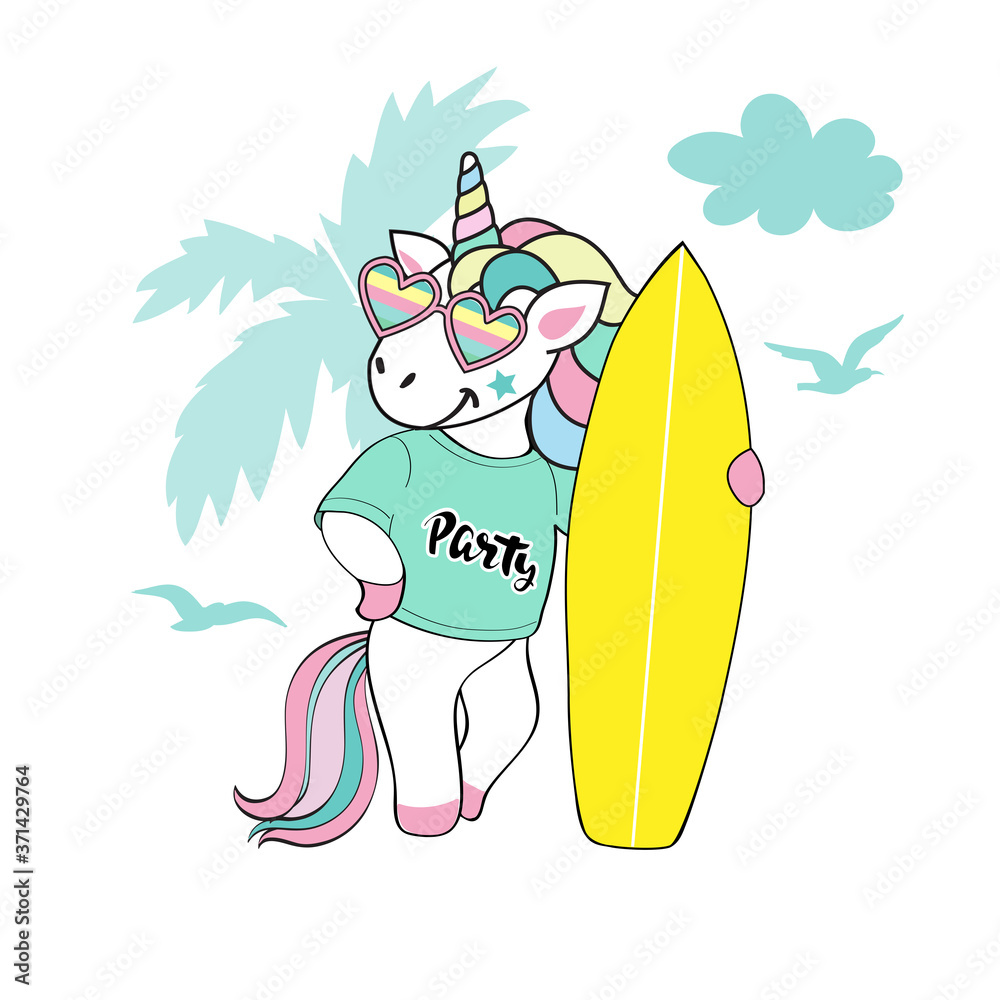 Unicorn with a surfboard on a background of palm trees on a white background. Summer concept, vacation