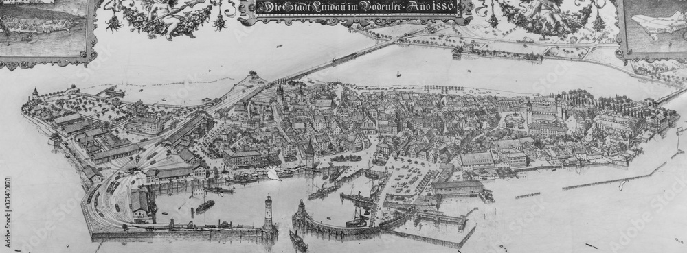 Lindau, Germany - May 2 2019: Old map of the town of Lindau, Germany