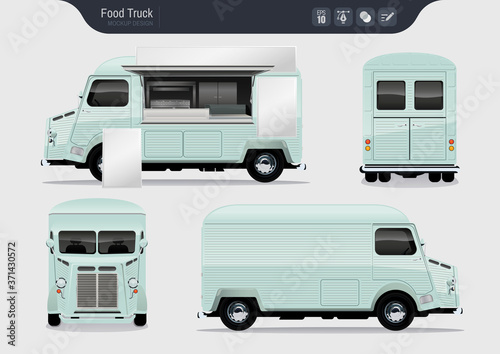 Isolated Realistic Food Truck. Fast-Food Truck Vector Template for Brand Identity. 