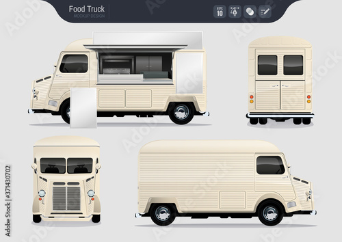 Isolated Realistic Food Truck. Fast-Food Truck Vector Template for Brand Identity. 