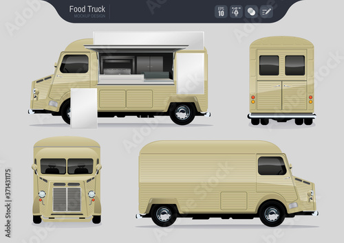 Isolated Realistic Food Truck. Fast-Food Truck Vector Template for Brand Identity. 