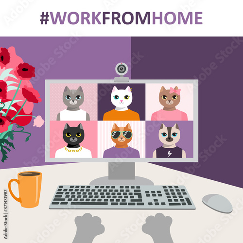 COVID-19 social distancing - cute cartoon cats working at home. Video call vector illustration. Desktop, plant & coffee. Live stream, students group chat, teamwork