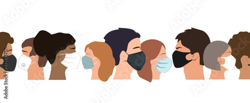 People set faces with medical masks, vector seamless border. Coronavirus prevention concept. Humans of different gender, ethnicity, and color