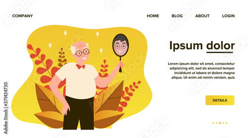 Smiling man looking at himself in mirror. Granddad imagining himself as young guy flat vector illustration. Narcissism and reflection concept for banner, website design or landing web page