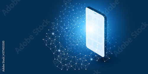 Abstract Blue Minimal Style Cloud Computing, Networks, Telecommunications Concept Design with Polygonal Mesh and Mobile Phone - Vector Illustration