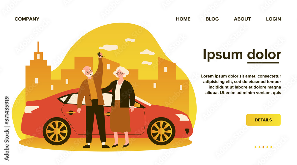 Senior couple travelling by car. Old man and woman buying or renting automobile flat vector illustration. Driving, urban transport, car sharing concept for banner, website design or landing web page