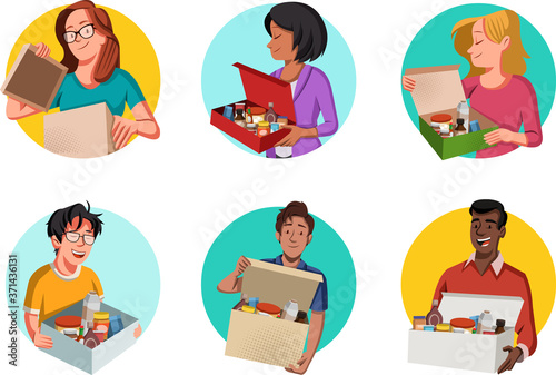 Group of cartoon people holding boxes with products. People with shop boxes.