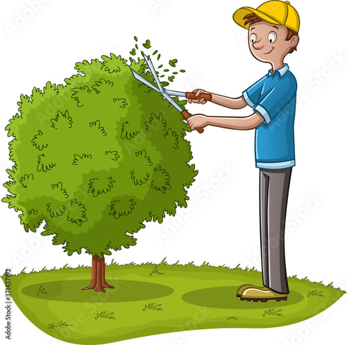 Cartoon gardener pruning a tree. Man working in the garden.
