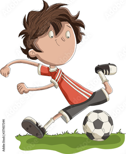 Cartoon boy playing soccer. Child running with a soccer ball.
