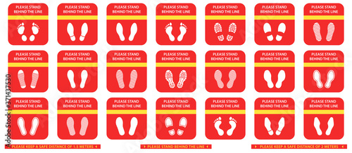Flat linear design. Different human footprints. Black silhouettes isolated on white background. Stand behind the line. Vector illustration