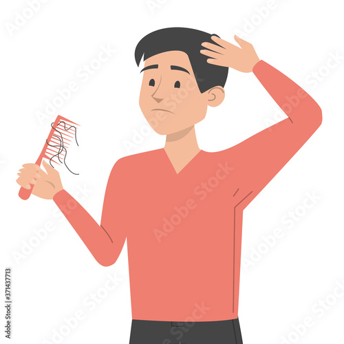Man holding comb with hair on it vector isolated. Sign of alopecia, problem with health. Hair thinning and loss.