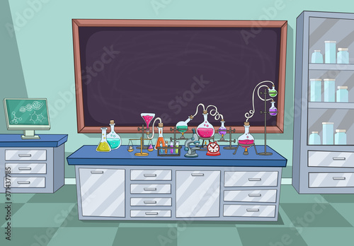 Cartoon laboratory with science experiments. Chemistry Classroom.