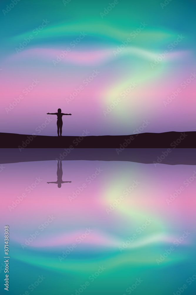 girl by the lake at beautiful colorful aurora borealis vector illustration EPS10