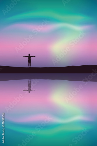 girl by the lake at beautiful colorful aurora borealis vector illustration EPS10