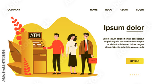 Queue of bank clients standing at ATM. People standing in line for using their credit card for transactions. Vector illustration for finance, money withdraw, currency concept