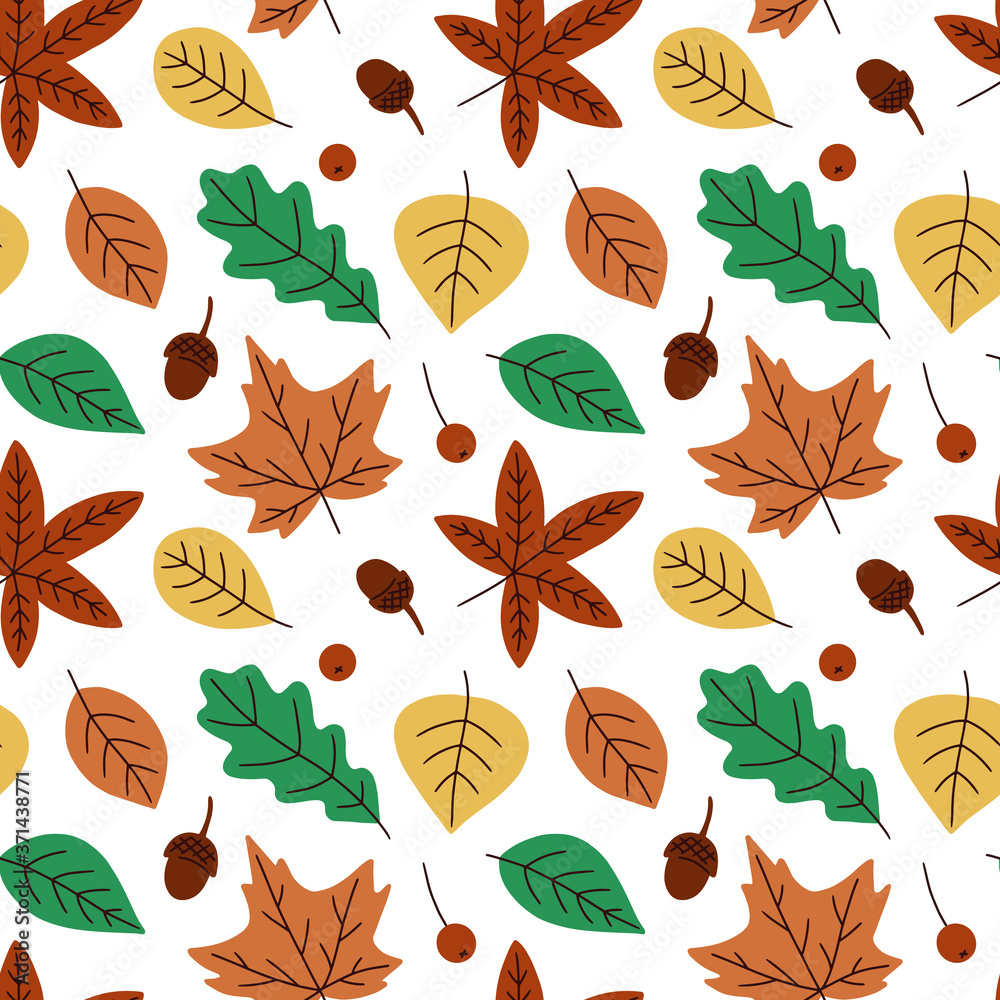 Obraz premium Seamless pattern with autumn leaves. Endless print. Vector illustration. Simple hand drawn elements.