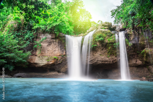 Travel to the beautiful waterfall in deep forest  soft water of the stream in the natural park at Haew Suwat Waterfall at Khao Yai National Park  Thailand