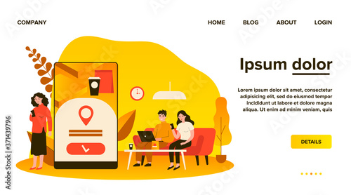 People using online app for food delivery. Customers ordering food in cafe or restaurant and eating at home. Vector illustration for mobile application, takeaway dinner, service concept