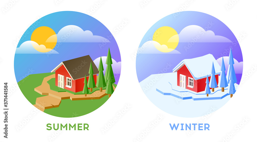 Vector illustration of 2 different seasons and weather. Summer and winter solated on white.